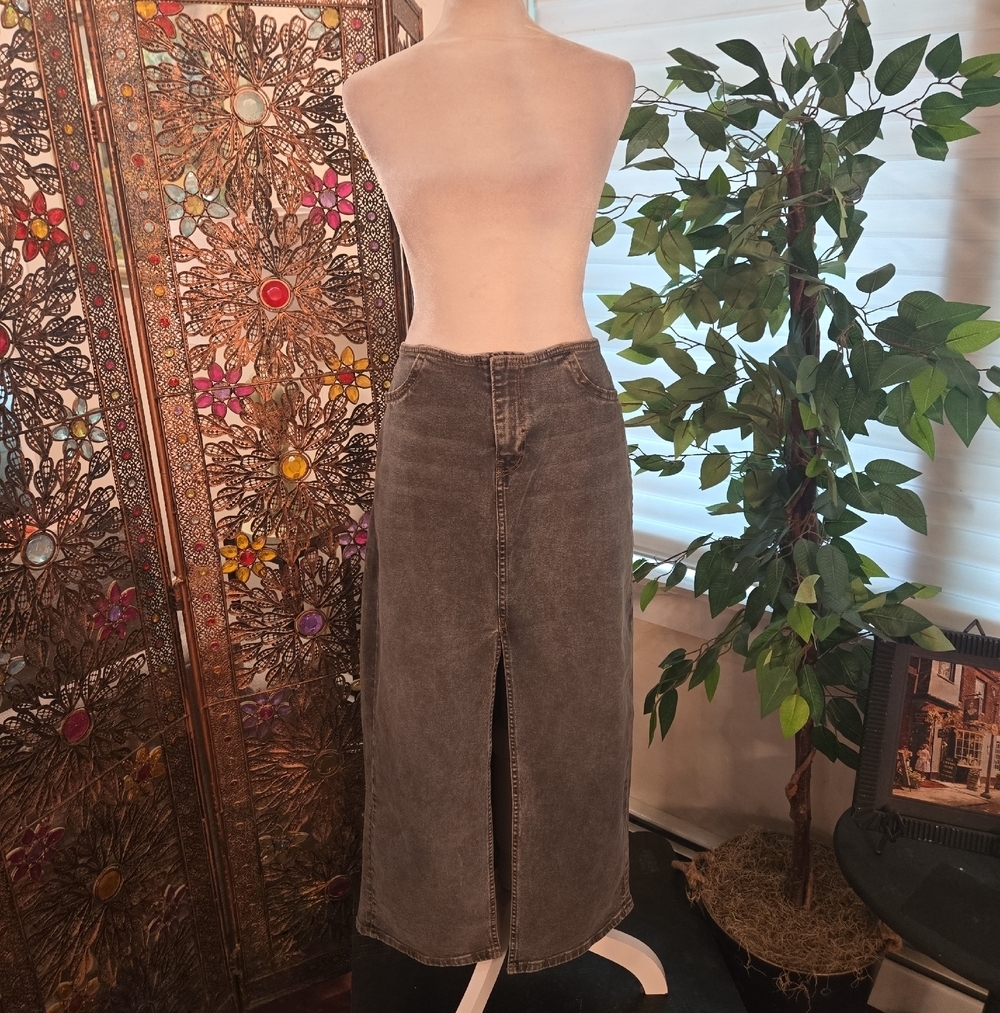 NWT Boho Grunge Stretch Split Front Demin Gray Jean Maxi Skirt Size 12 Mid Rise